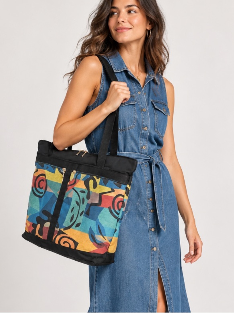 GreatBags Extra Large Black Nylon and Fabric Geometric Print Tote Bag